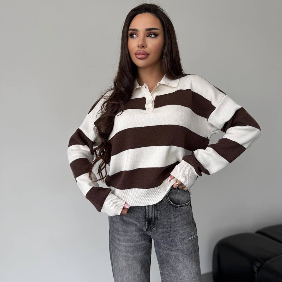 2025 New Style Lapel Polo Shirt European and American Style Long Sleeve Loose Trendy Striped Fashion Top for Women's Apparel Export