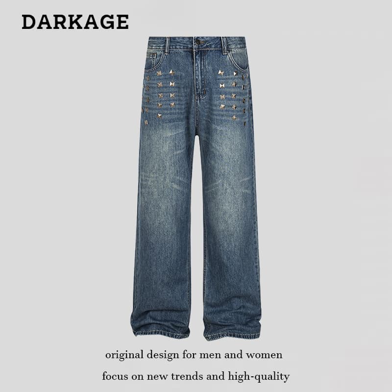 2025 new autumn style blue distressed cat whiskers washed square nails decorated American street loose straight denim trousers