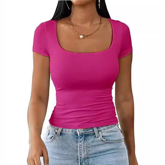 2026 Summer U-Neck T-Shirt, New Women's Simple Casual Versatile Fashion Slim Fit Short Sleeve