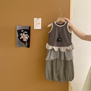Girls' Summer New Korean-Style Fashionable Sleeveless Bubble Vest Trendy Casual Skirt-Pant Two-Piece Set