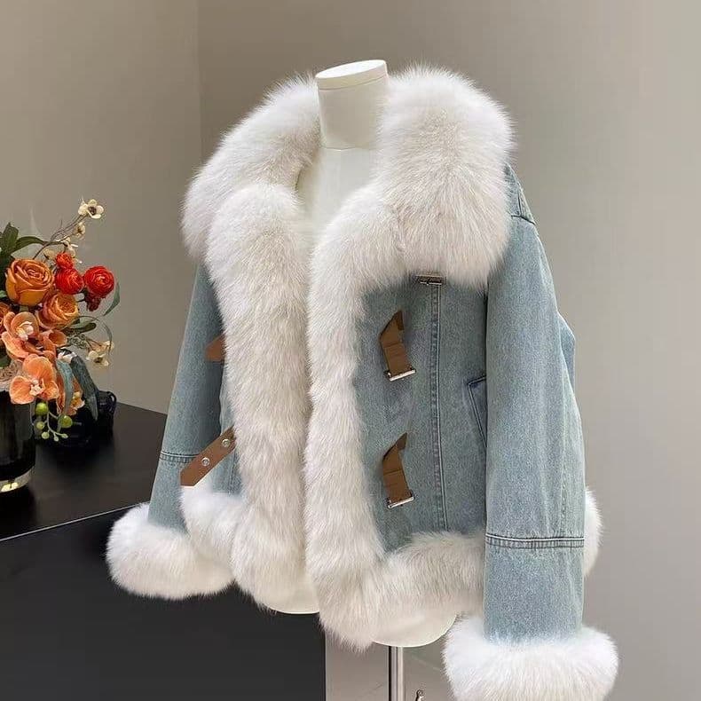 Korean-Style Down Jacket with Fur Collar, Blue Denim Coat for Women, Winter Thickened Warm Fur Coat