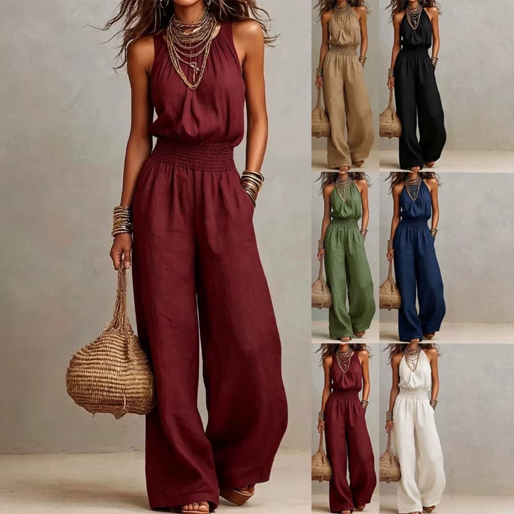 2026 Summer Cross-Border Amazon Women's New Sleeveless Linen Backless Jumpsuit for EU-US Market