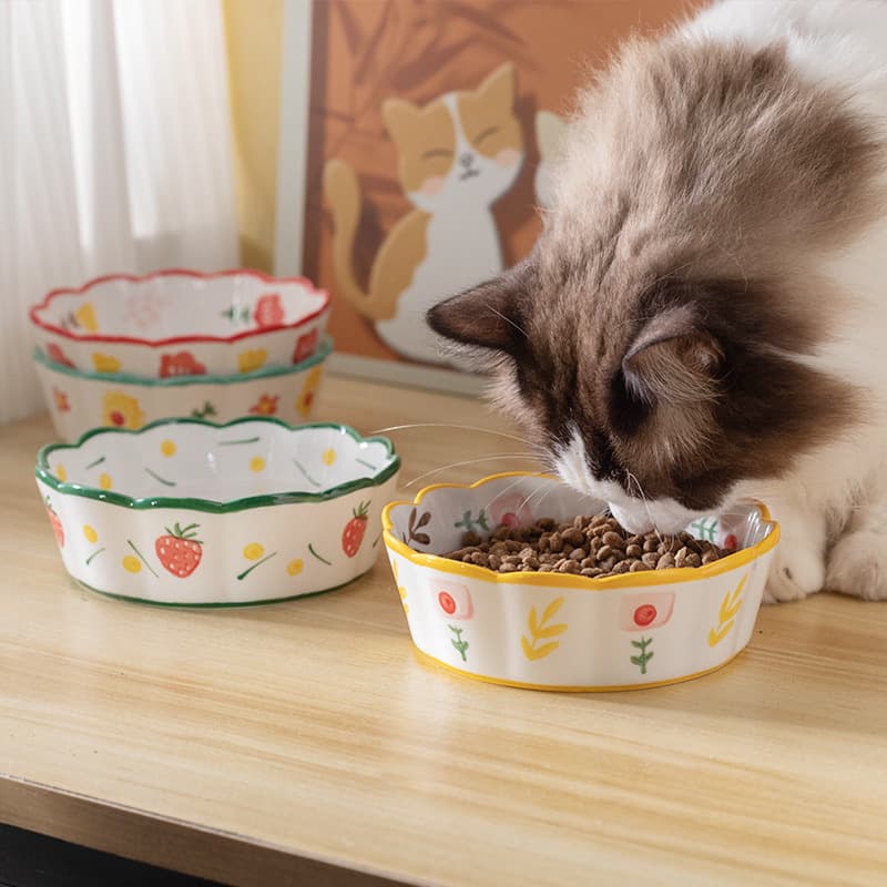 Trendy Hand-Painted Ceramic Pet Bowl, Wide-Mouth Design, Protects Neck, Cat Food Bowl, Dog Water Bowl