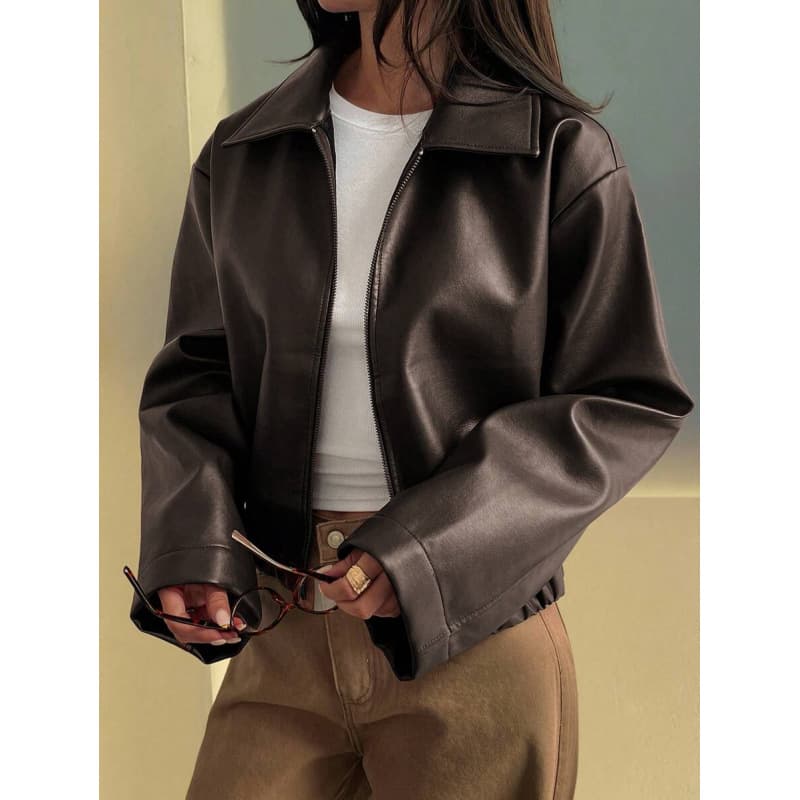 Cross-border Amazon Europe/US 2026 Fall New Trendy Stylish Loose PU Leather Zip-Up Jacket Coat for Women