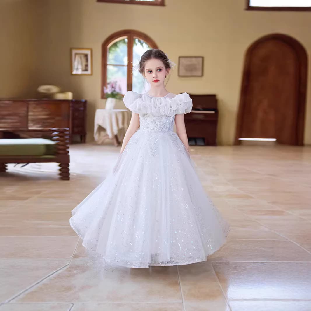 White ruffled girl's palace dress sequined tutu skirt wedding flower girl birthday party costume dream new style