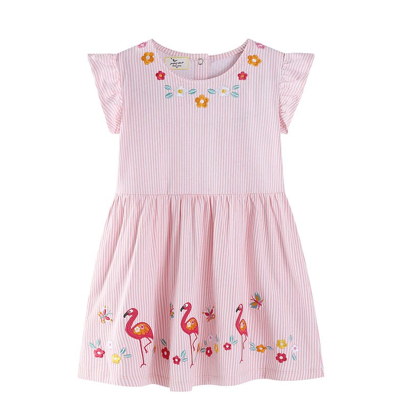 Summer Girls' Dress European Style Embroidered Patch Princess Stripe Fashion Round Neck Dress Cotton Knitted Soft Processed