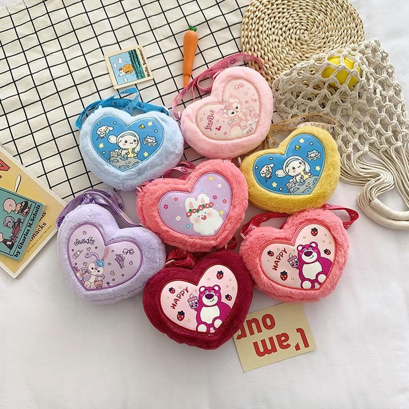 Cute Cartoon Bag for Kids, Girls' Heart-Shaped Plush Crossbody Bag, Trendy Children's Coin Purse