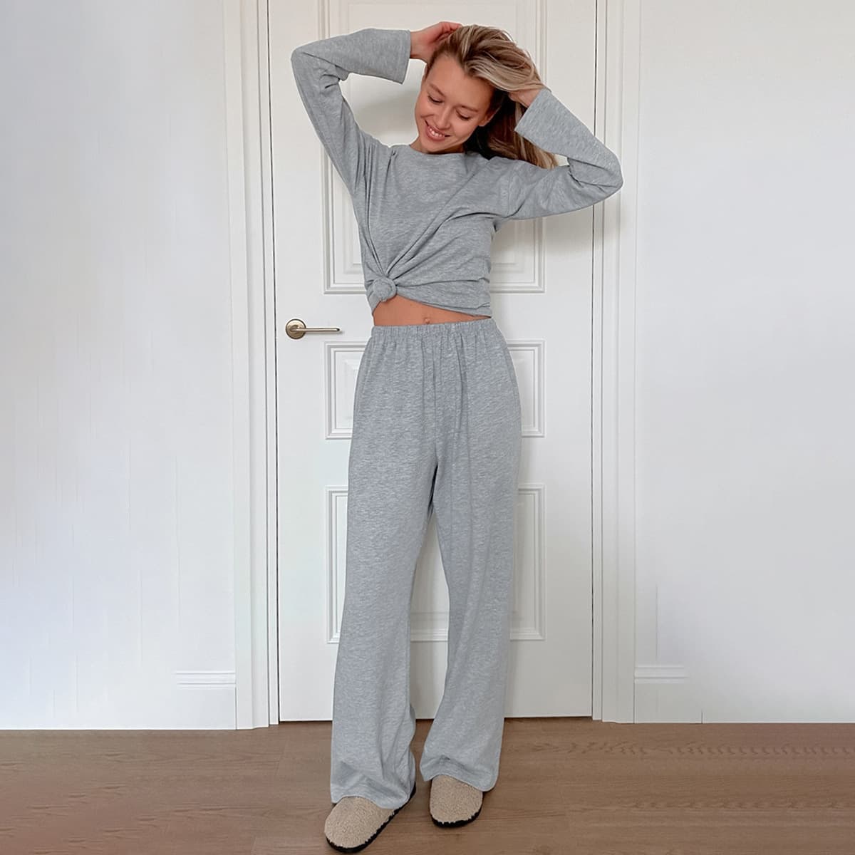 Cross-border Gray Long Sleeve Pajama Set for Women, European and American 2025 Fall/Winter New Knitted Sleepwear, Loungewear for Home