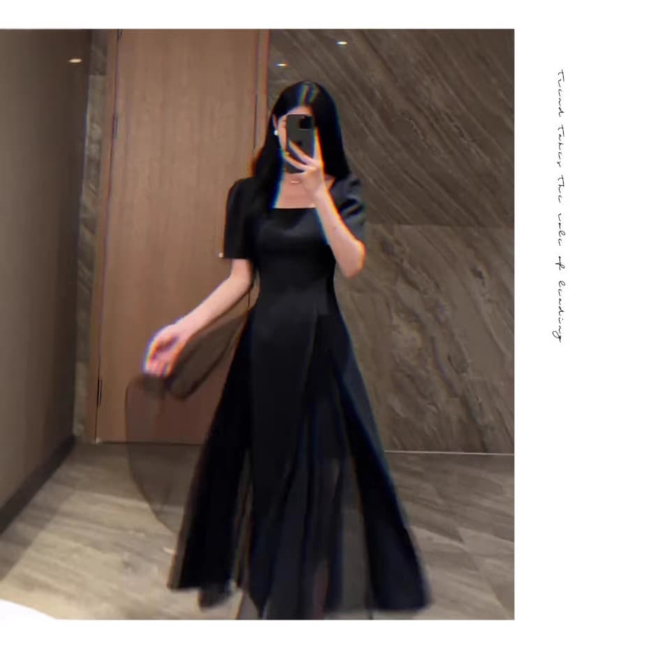 Retro French square collar design mesh stitching royal sister style black dress women's summer atmosphere little black dress