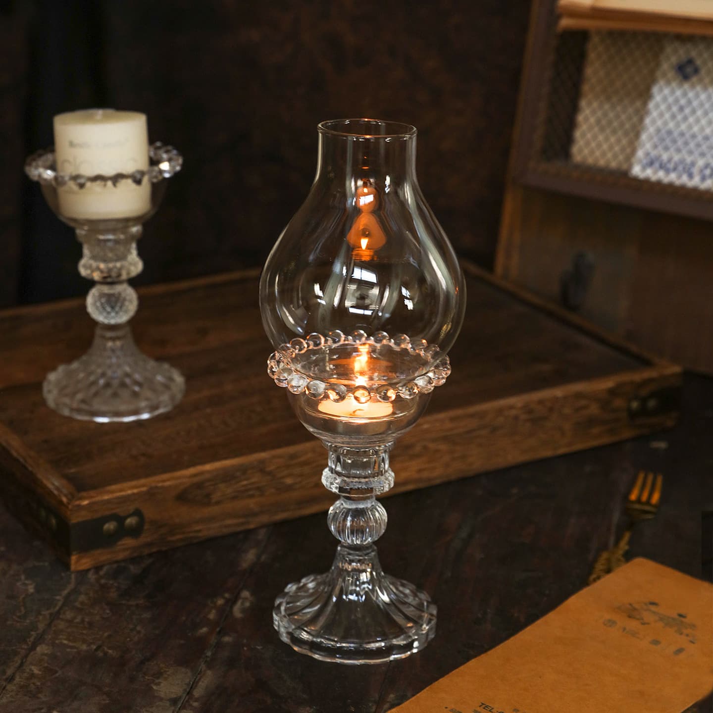 Creative glass candle holder with windproof lampshade Zen tea room wedding atmosphere decoration ornaments high-foot candle holder base