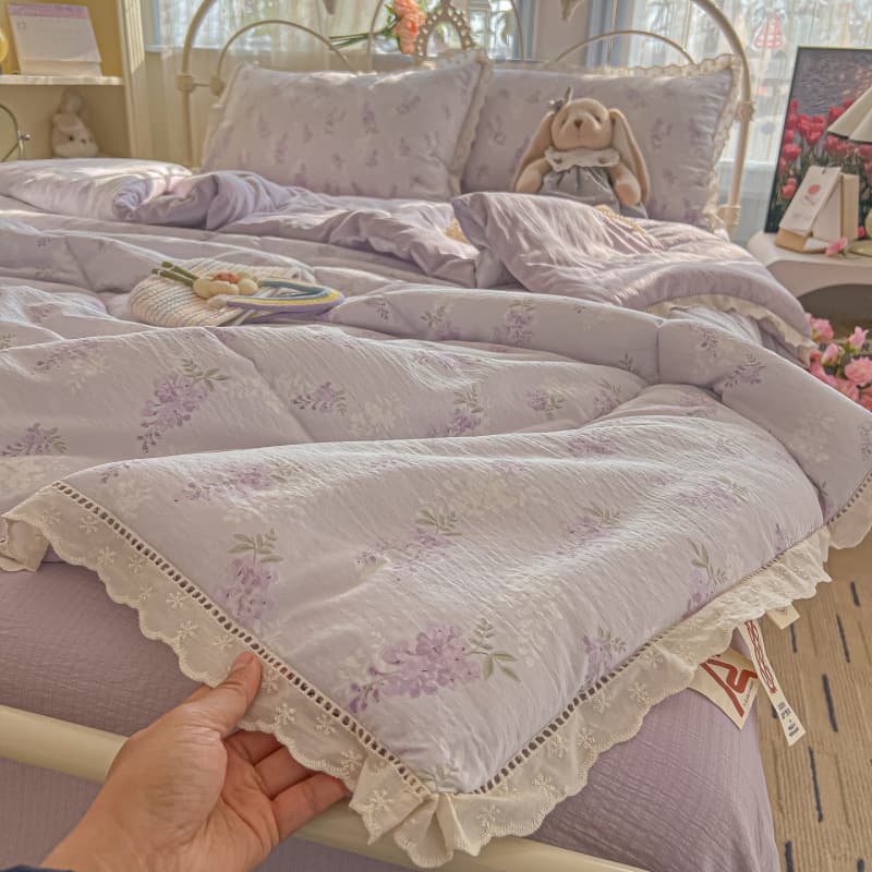 2026 New Cotton Lace Trim Cloud-Touch Double-Layer Gauze Summer Quilt 4-Piece Set