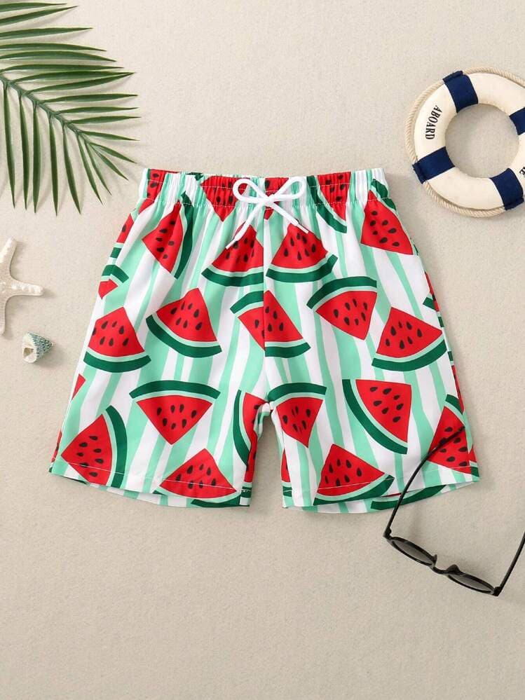 Boys' Watermelon Print Swim Shorts with Adjustable Drawstring - Lightweight Summer Beach Shorts for Swimming Activities