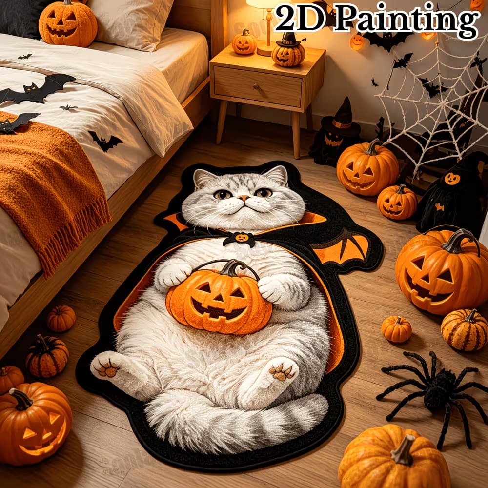Cartoon Halloween cat floor mats, shaped pumpkin decorative floor mats, imitation cashmere skin-friendly cooling floor mats, labeling and delivery