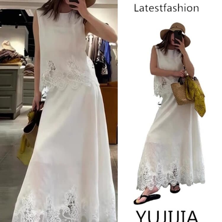 Fat mm Fashion Slimming Suit for Women Plus Size Summer New Style Sleeveless Lace Top and Skirt Two-Piece Set