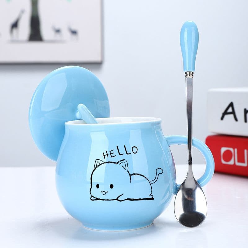 Cartoon Cup Simple Office Water Cup Ceramic Mug with Custom Logo Couple Coffee Cup with Lid and Spoon