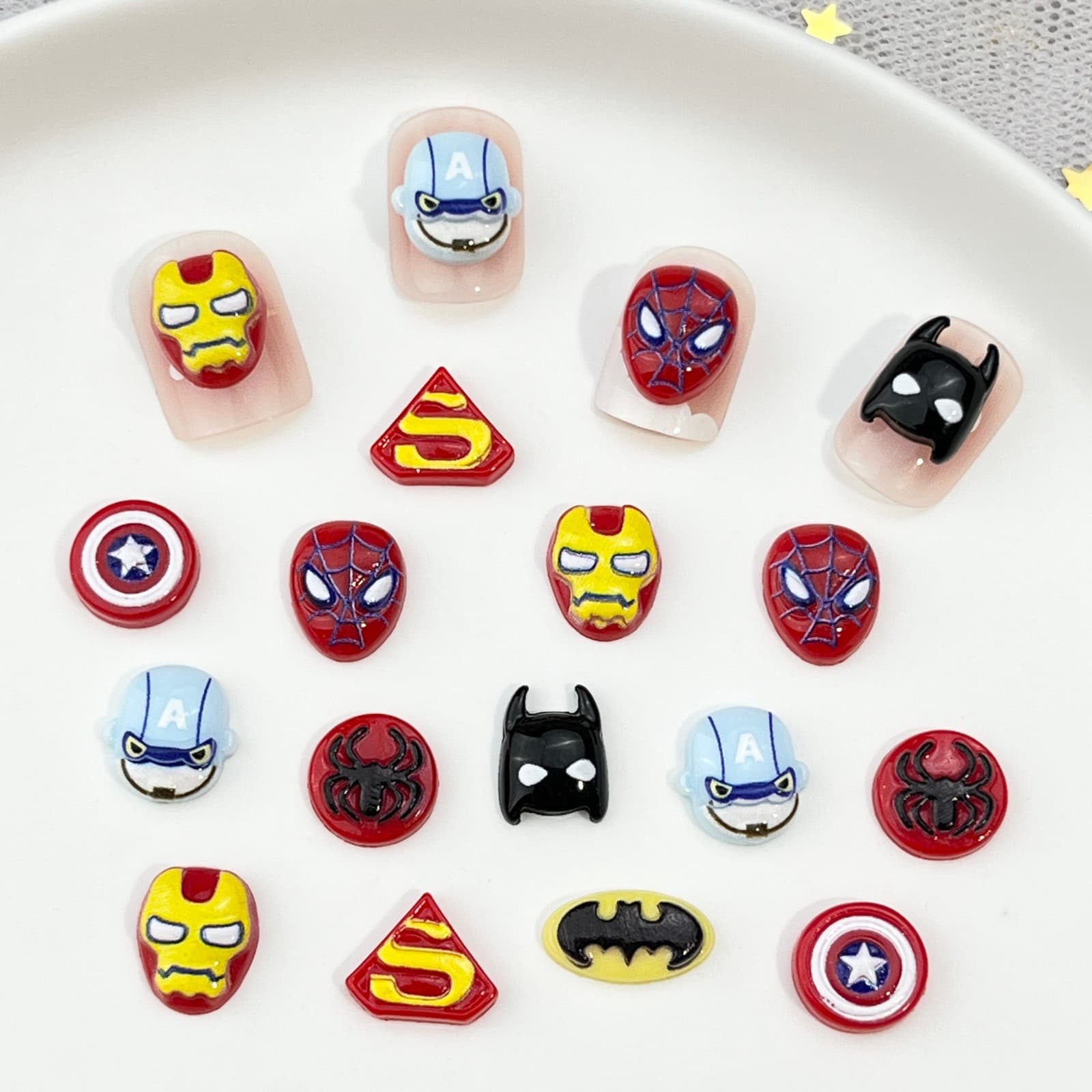New anime hero cartoon nail art accessories cute three-dimensional spider shield bat resin diy nail accessories