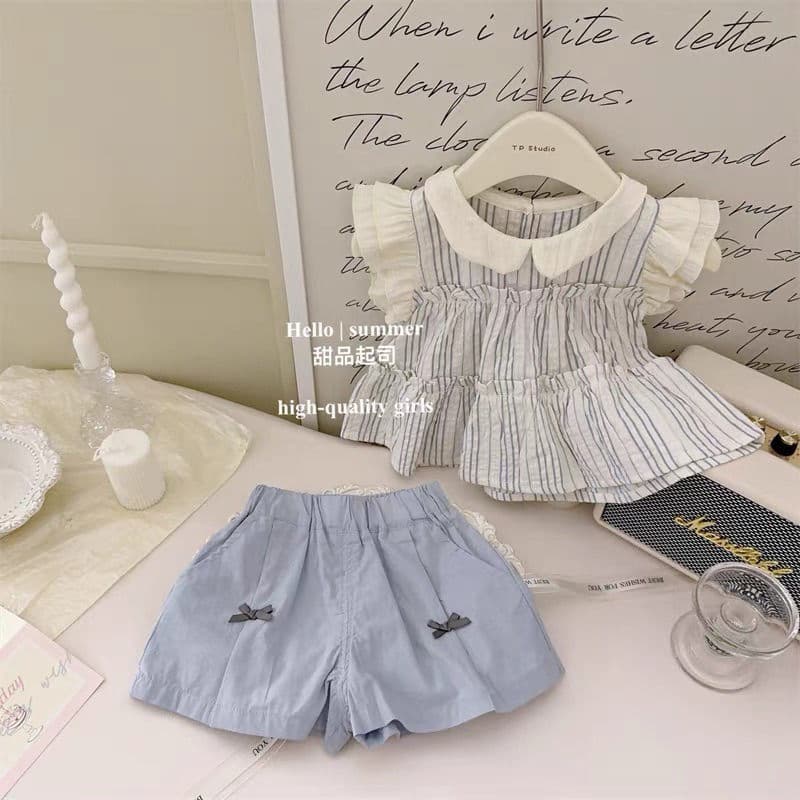 Girls summer 2024 new baby girl small flying sleeve striped shirt doll collar top baby shorts two-piece set