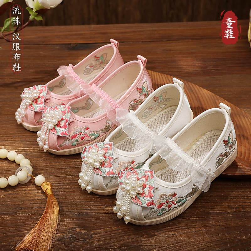 2025 Spring Children's Embroidered Shoes, Chinese Style Hanfu Shoes, Tang Suit Girls' Shoes, Ancient Costume Pearl Adorned Cloth Shoes