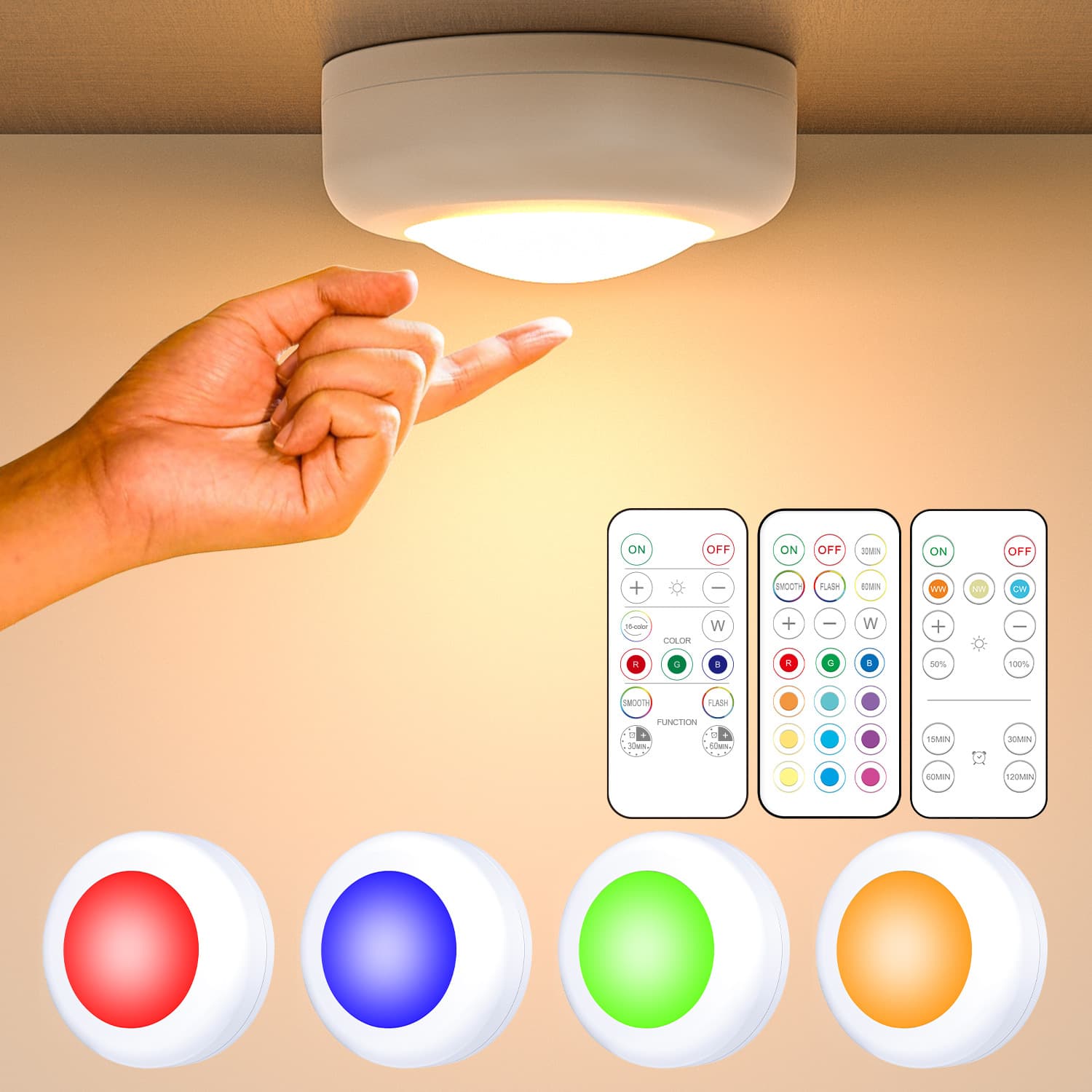 LED Remote Control Hockey Puck Light, Press-activated for Cabinets, Kitchen, Bedside Battery-operated Festive Atmosphere Wall Night Light