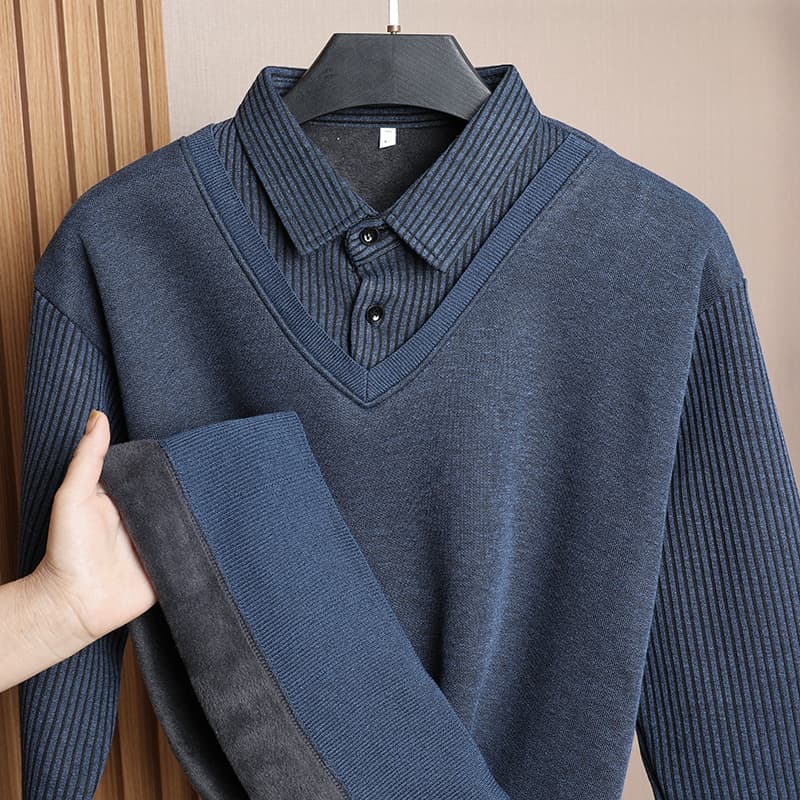 Autumn/Winter Men's Thickened Thermal Sweater for Middle-Aged Fathers, Long-Sleeve Shirt Collar, Two-Layer Look, Men's Base Layer