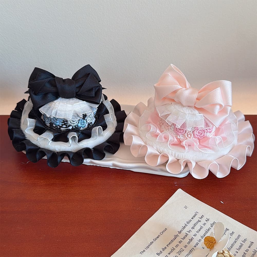 Original Handmade Lolita Pink Bow Small Hat Lace Trim Duckbill Clip Crown Pearl Hair Accessories Photography