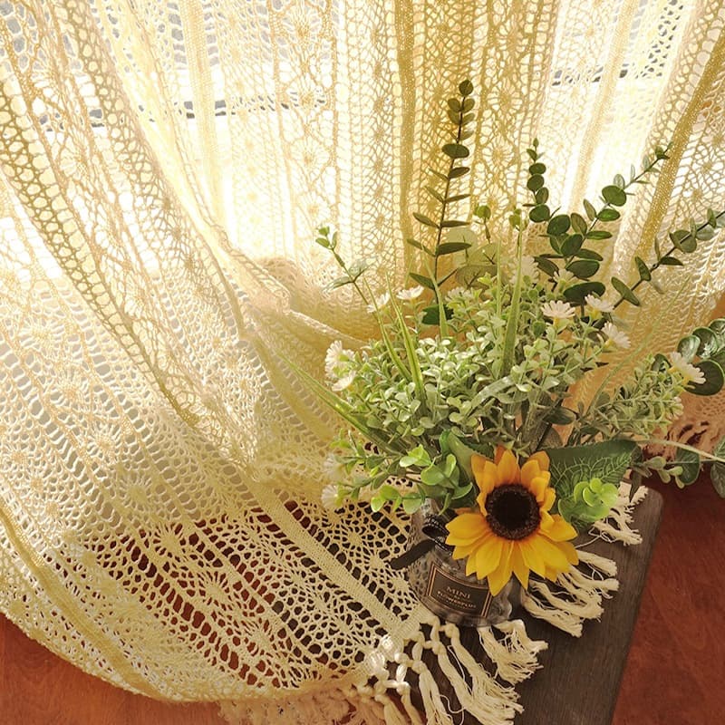 Manufacturer Wholesale Beige Simple Modern Handmade-Style Cotton Crochet Solid Color Curtain Fringe Semi-Blackout Wall Decoration