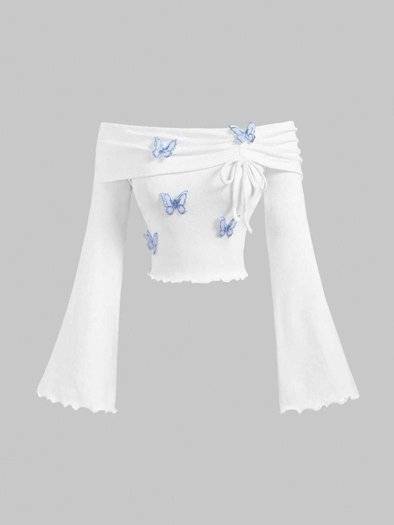 Pure and Alluring One-Shoulder Ruffle Drawstring Butterfly Print Long-Sleeve T-Shirt for Women, Early Autumn New Arrival, Slimming and Figure-Flattering Top