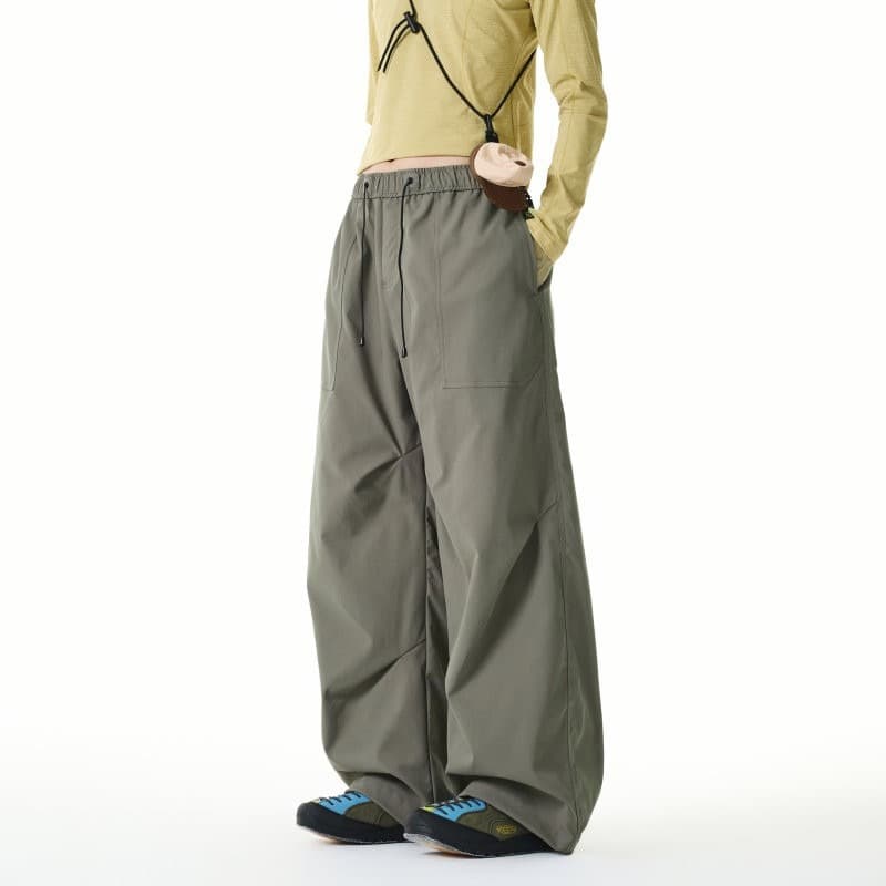 American Style Lightweight Pleated Parachute Pants for Men, Thin Straight-Leg Casual Long Pants, Ice Silk Quick-Dry Hiking Pants