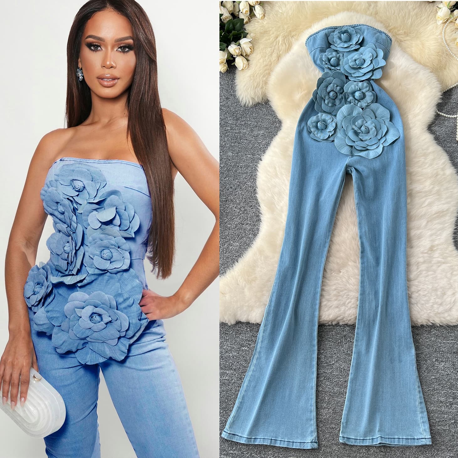 Spring and summer European and American ins heavy industry three-dimensional flower sleeveless tube top waist slim denim jumpsuit flared trousers for women