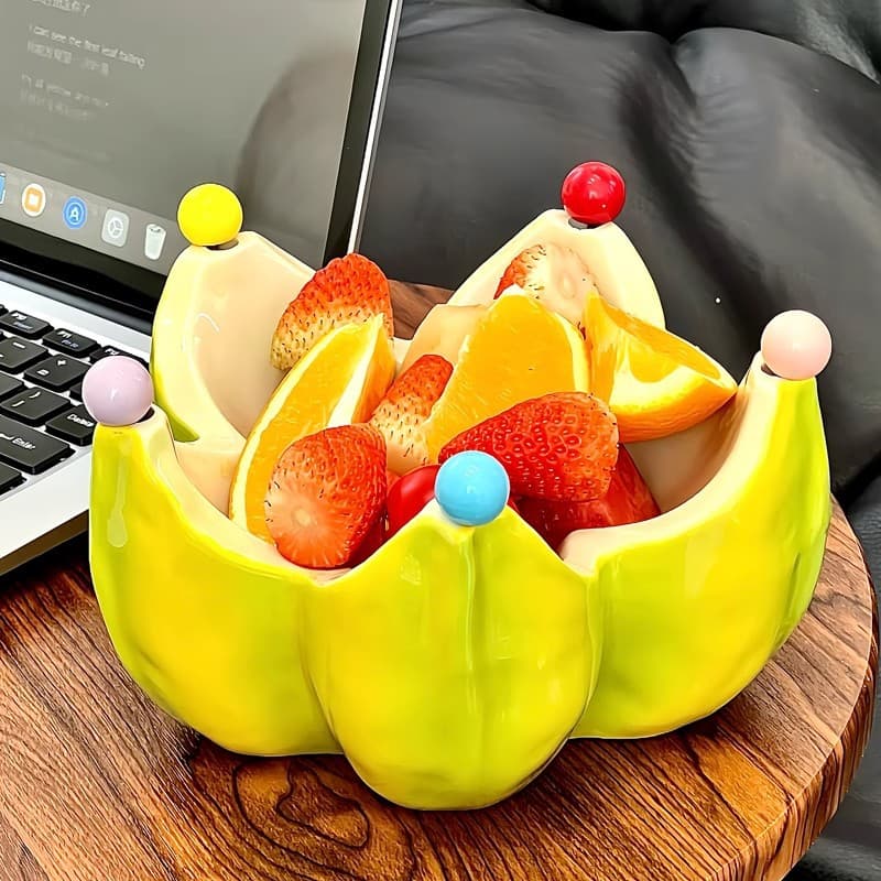 Dopamine Star Fruit Bowl, Household Stainless Steel Fruit Fork Set, Creative Ceramic Large Capacity Snack Salad Bowl