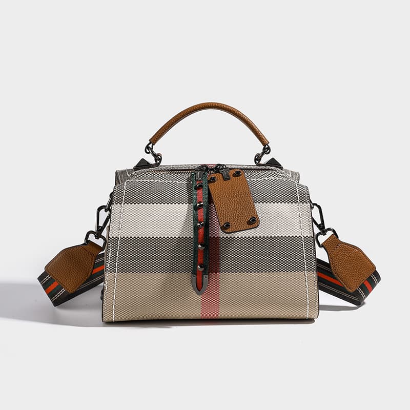Trendy Soft Leather Square Bag Spring 2024 High End Plaid Women's Handbag Crossbody Bag Street Style Oxford Cloth Boston Bag