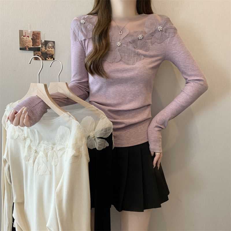 Real photos~ Plus-size autumn new design, chic French style, exquisite three-dimensional floral long-sleeved top for women