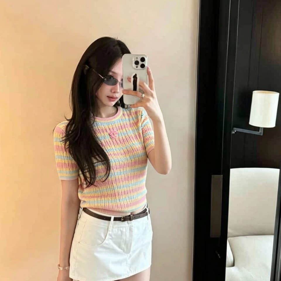 2026 Summer New Chanel-Style Double-C Rainbow Knit Short Sleeve Sweet Fashion Versatile High-Quality Fabric Dopamine Top