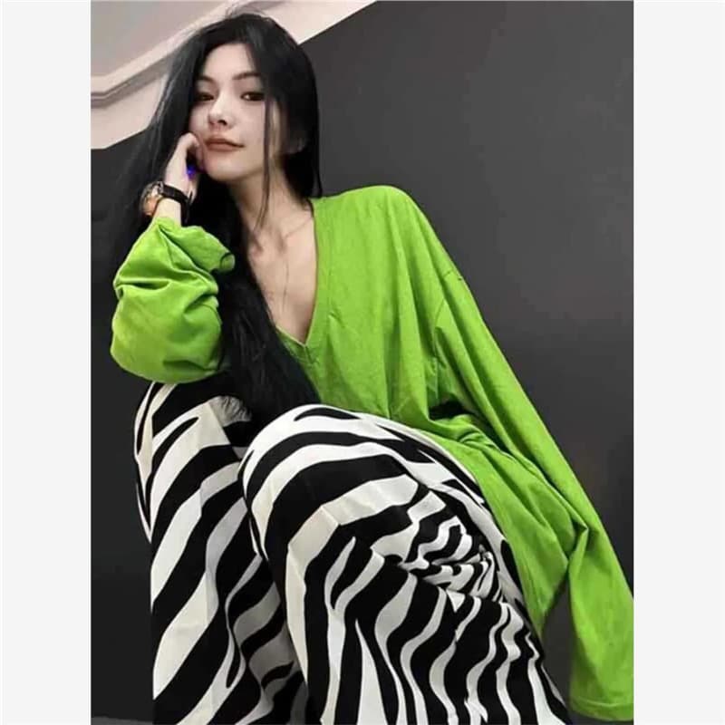 Plus Size 300 Jin Wearable Spring/Autumn Green V-Neck Long Sleeve T-Shirt Women Fashion Elegant Loose Slimming Set