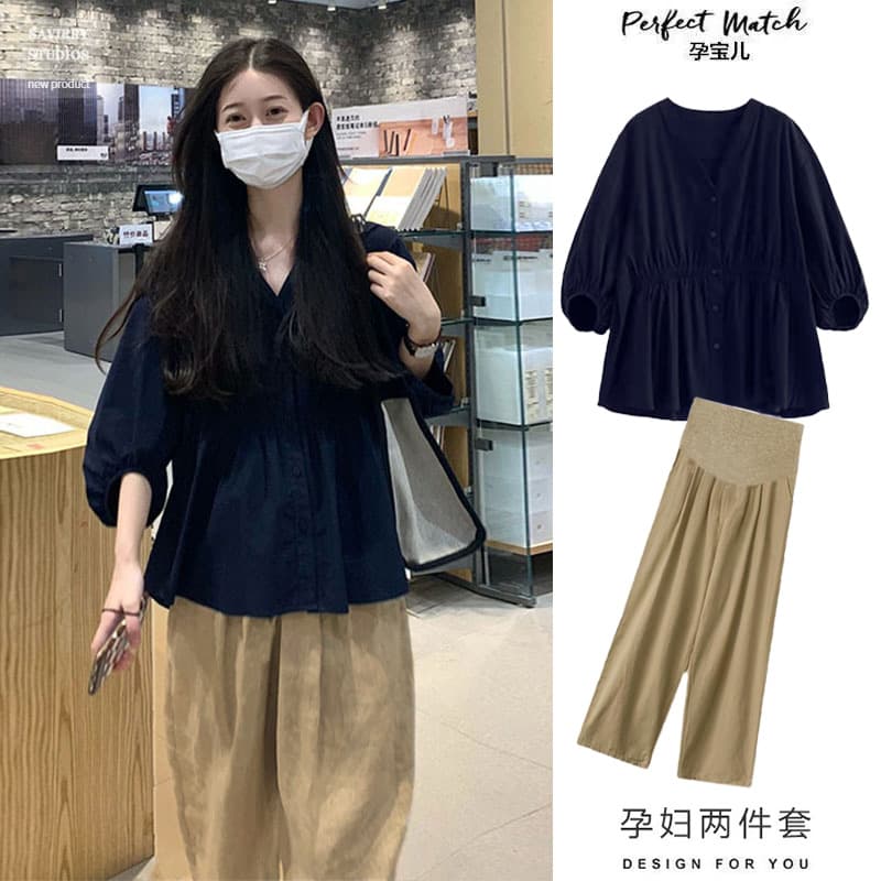 Maternity Top Summer Korean Loose Pleated Shirt Spring Summer Maternity Set Wide Leg Pants Fashion Two Piece Set