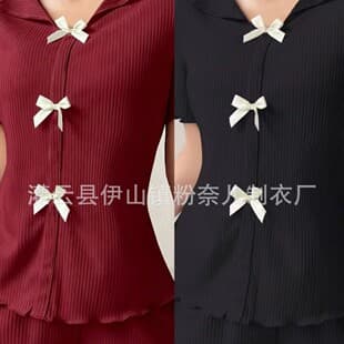 2026 New Homewear Pajama Set with Bow Tie Short Sleeve Shorts Notched Collar Short Set Two-Piece 1076