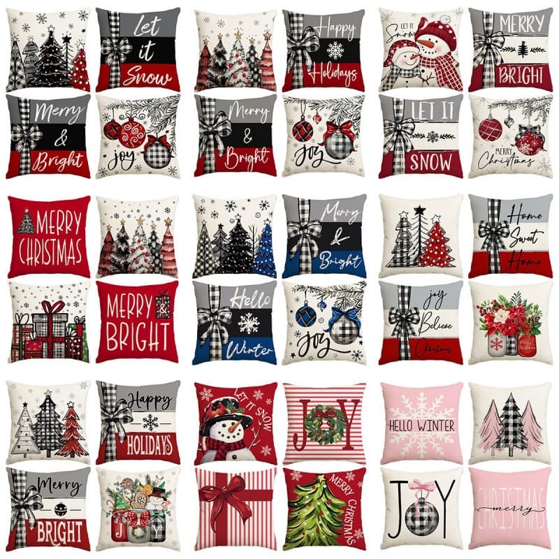 Amazon Hot Selling Christmas Throw Pillow Cover Christmas Tree Snowman Print Linen-Like Holiday Sofa Cushion Cover