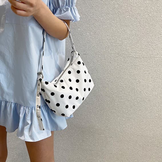 Factory Price Commuter Shoulder Bag for Women 2025 New Model Niche Simple Full-Print Black and White Polka Dot Rectangular Versatile Nylon