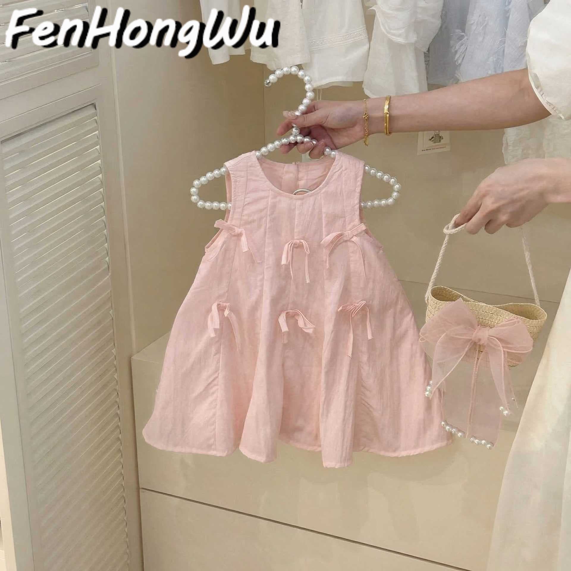 【Pink House】Korean Sweet Girl Style Children's French Summer Sleeveless Dress with Bow Vest Dress