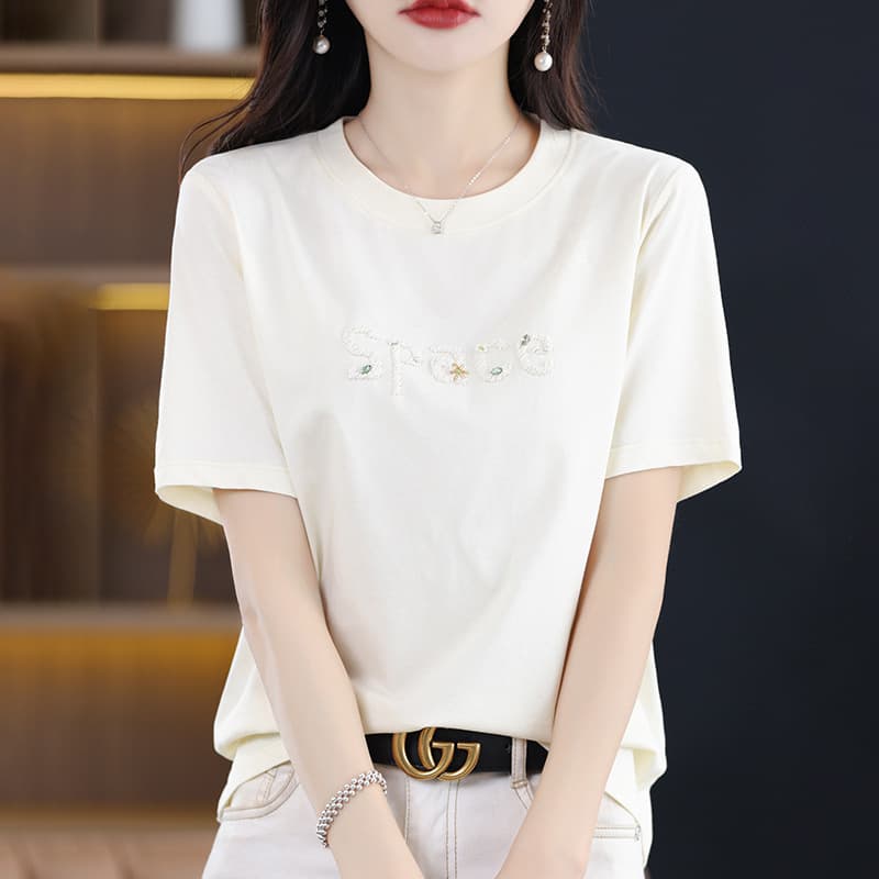 Pure Cotton T-Shirt for Women, 3D Embroidery, Mercerized Cotton, Straight Shoulder, Short Sleeve, Round Neck, Summer Top, Premium Feel