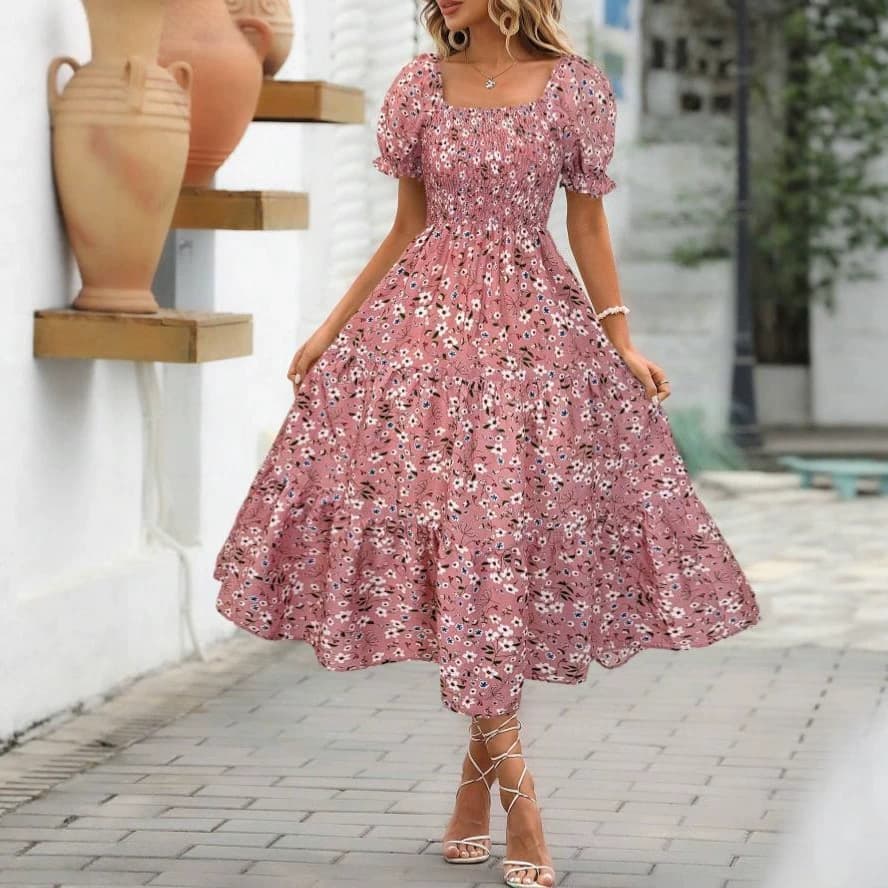 European and American Amazon 2026 Summer Printed Square Neck Waist Puff Sleeve Layered Sweet Wind Mid-length Dress for Women