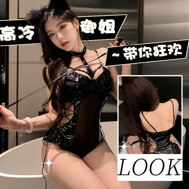 Bondage Restraint Sexy Bodysuit Lingerie Patent Leather Tight Leather Uniform Sexy Chain Temptation Temptress