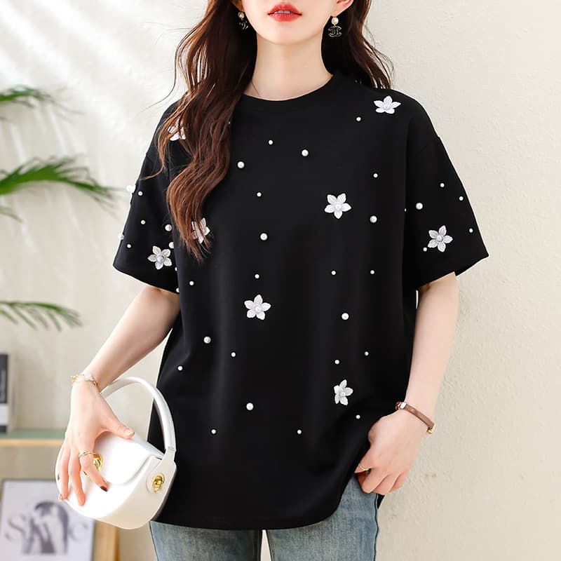 Round Neck Embroidered Beaded Short-Sleeved T-Shirt for Women 2026 Summer Korean Style Loose and Stylish Versatile Cotton Top