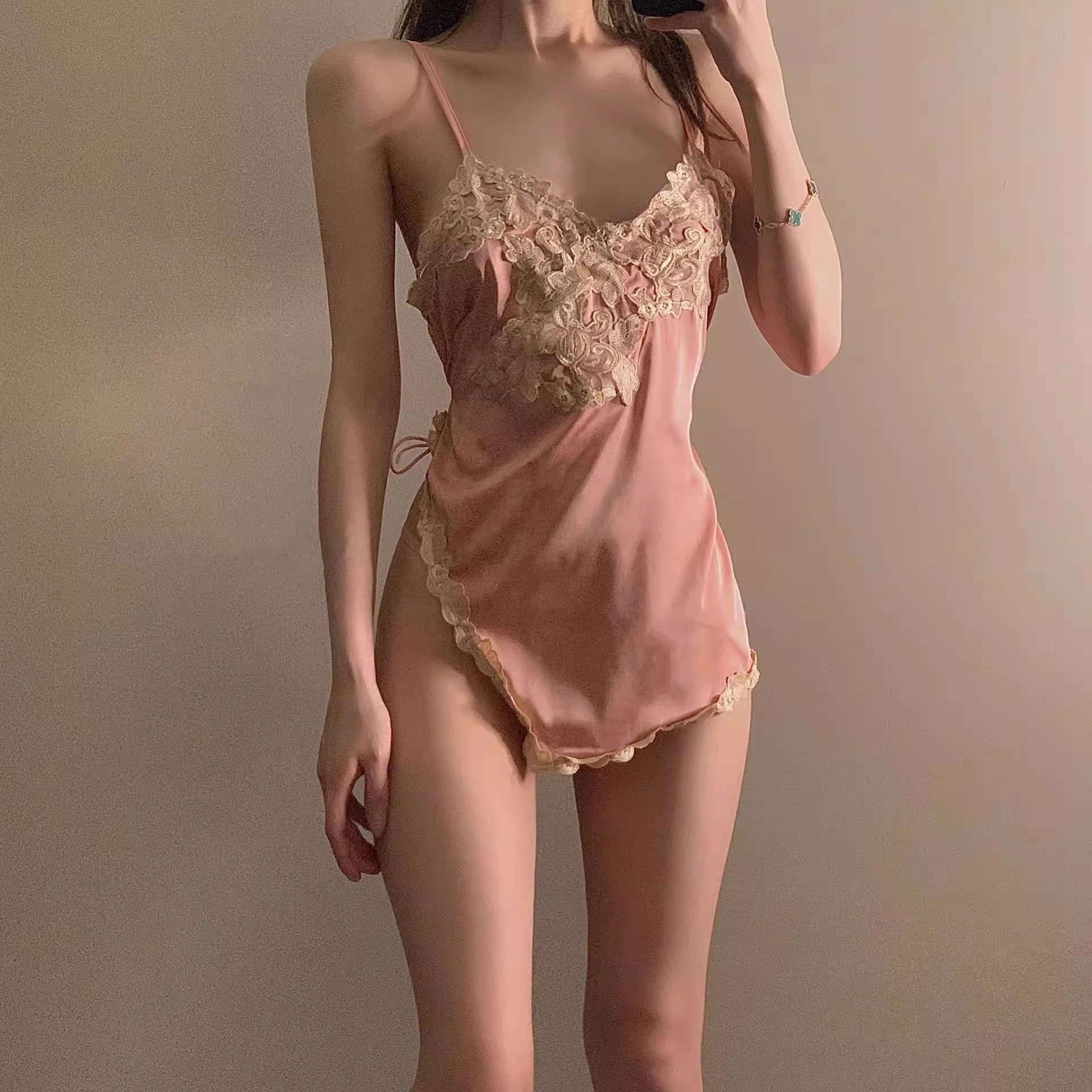 French-Style Satin Lace Camisole Nightgown with Slit, Sexy V-Neck Embroidery, Ice Silk Sleepwear with a High-End Feel, Drawstring Loungewear