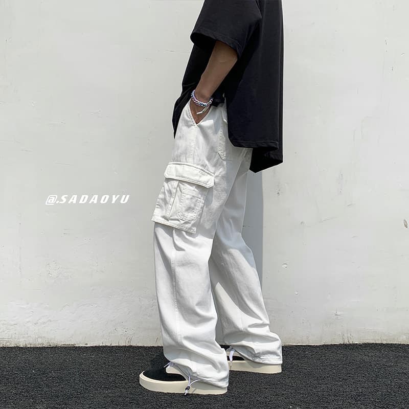 Multi-Pocket Men's Cargo Pants Trendy Bell Bottoms Casual Straight-Leg Pants Autumn Sport Basketball Pants