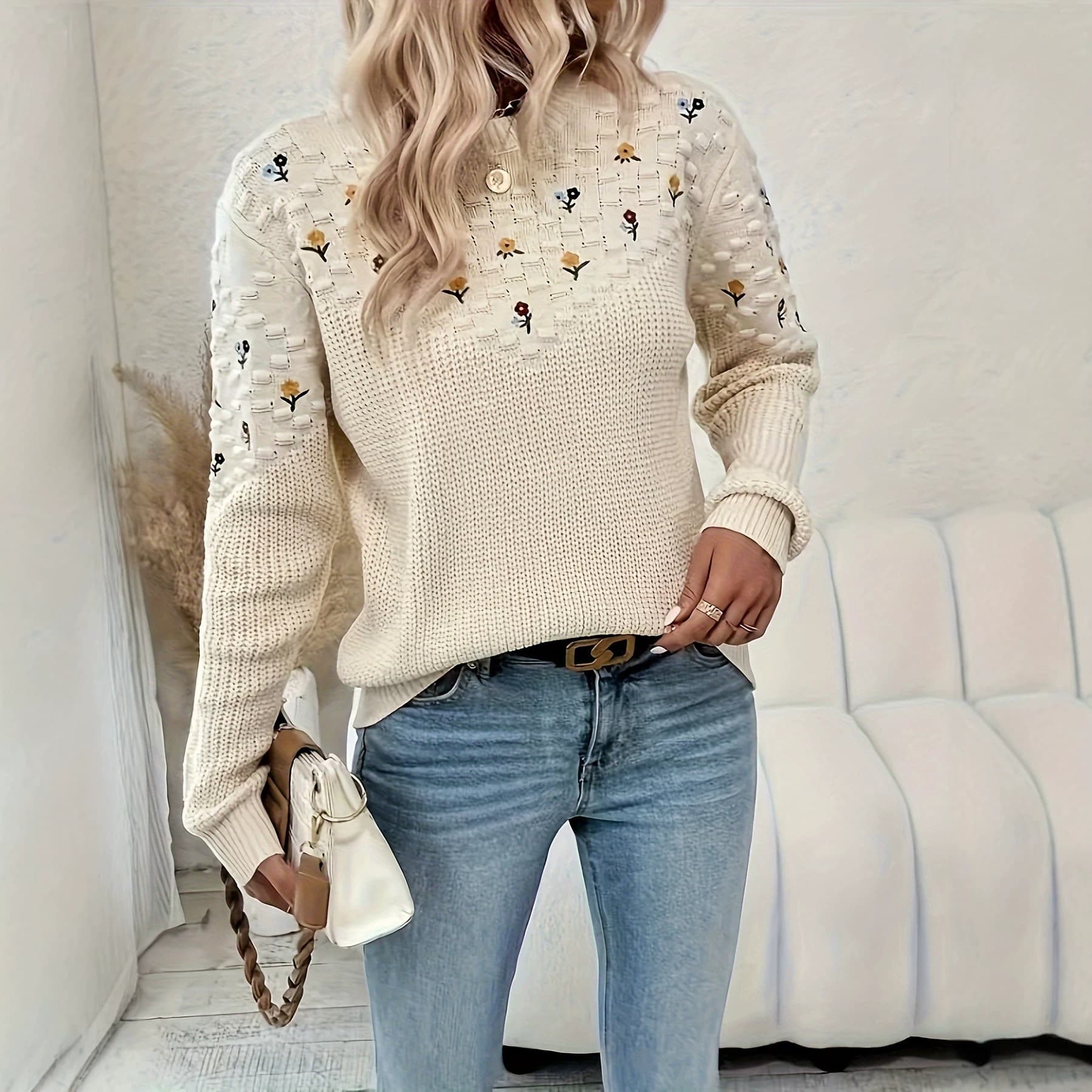 New European and American Cross-Border Solid Jacquard Round Neck Casual Fashion Elegant Women's Top, Popular Hook Knit Pullover
