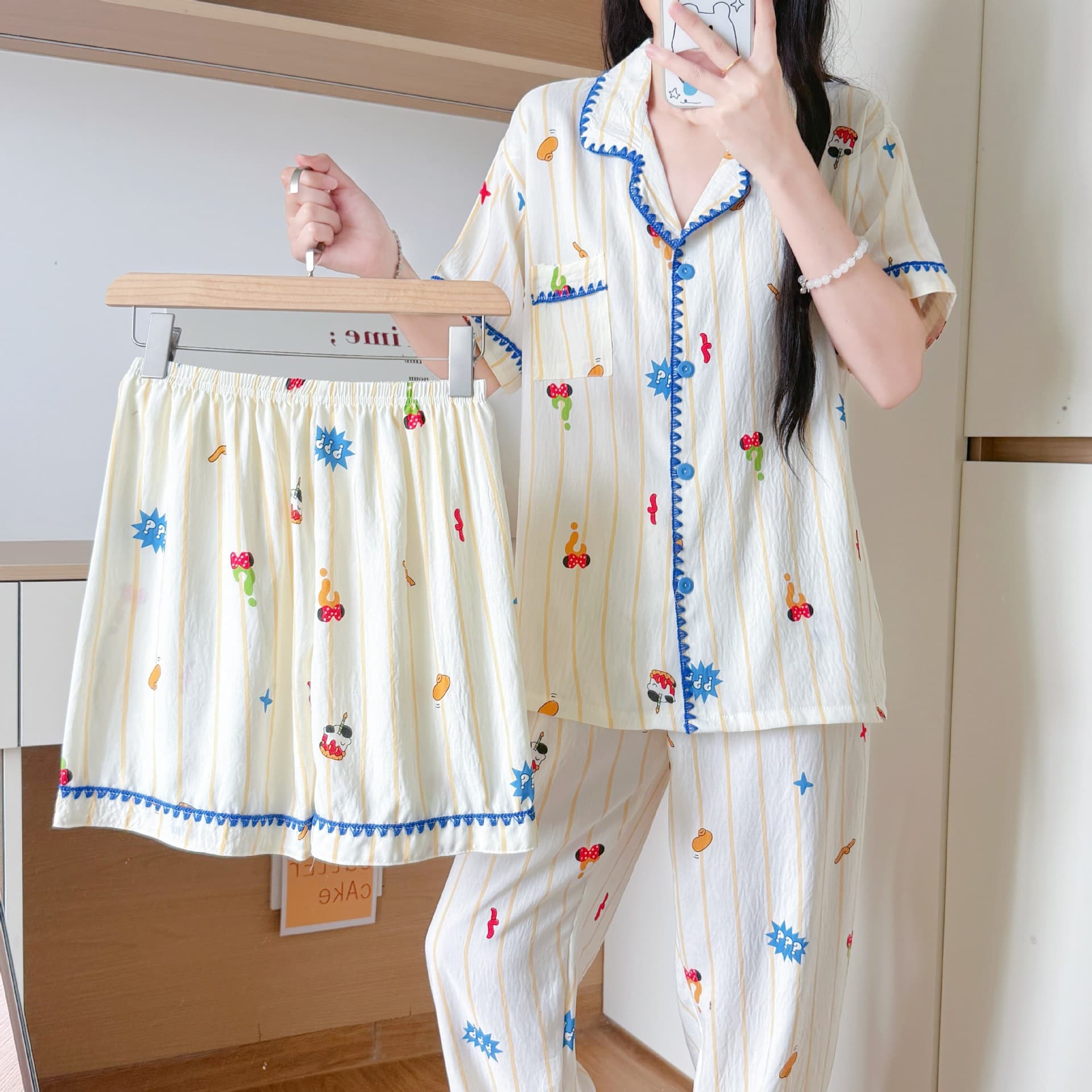KKH1231# Cloud Cotton Crescent Pajama Set for Women Summer Short Sleeve Notch Lapel Three-Piece Cardigan Loungewear Set M--XXL