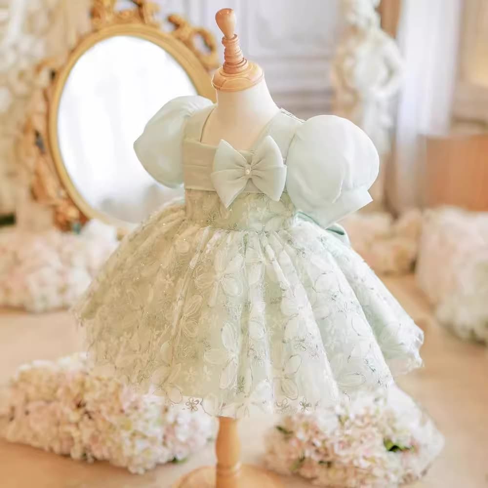 Baby Girl's 1st Birthday Dress, Infant Wedding Gown, Daily Green Flower Girl Princess Dress, Birthday Tutu Dress