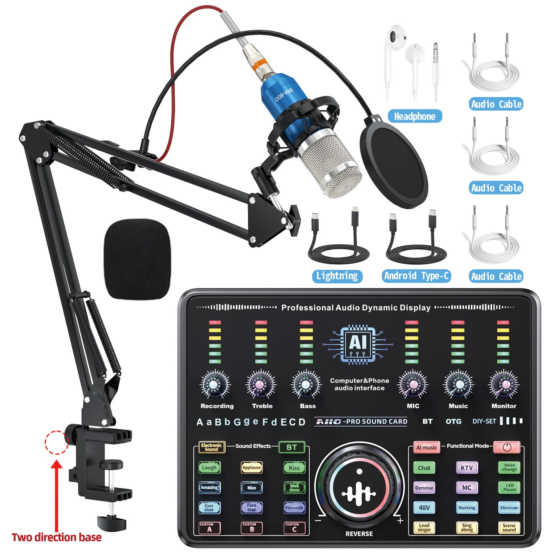 Cross-border Temu New English Live Streaming Sound Card 48V Live Karaoke Computer Sound Card Game PK Live Streaming Microphone Full Set