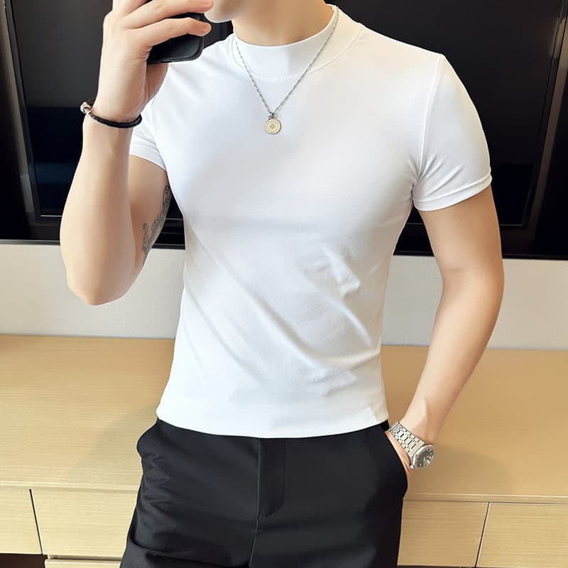 White Pure Cotton Undershirt Men's Short Sleeve Semi-High Neck Slim Crew Neck Thin Fitted Suit Inner Layer Mid-Neck T-Shirt